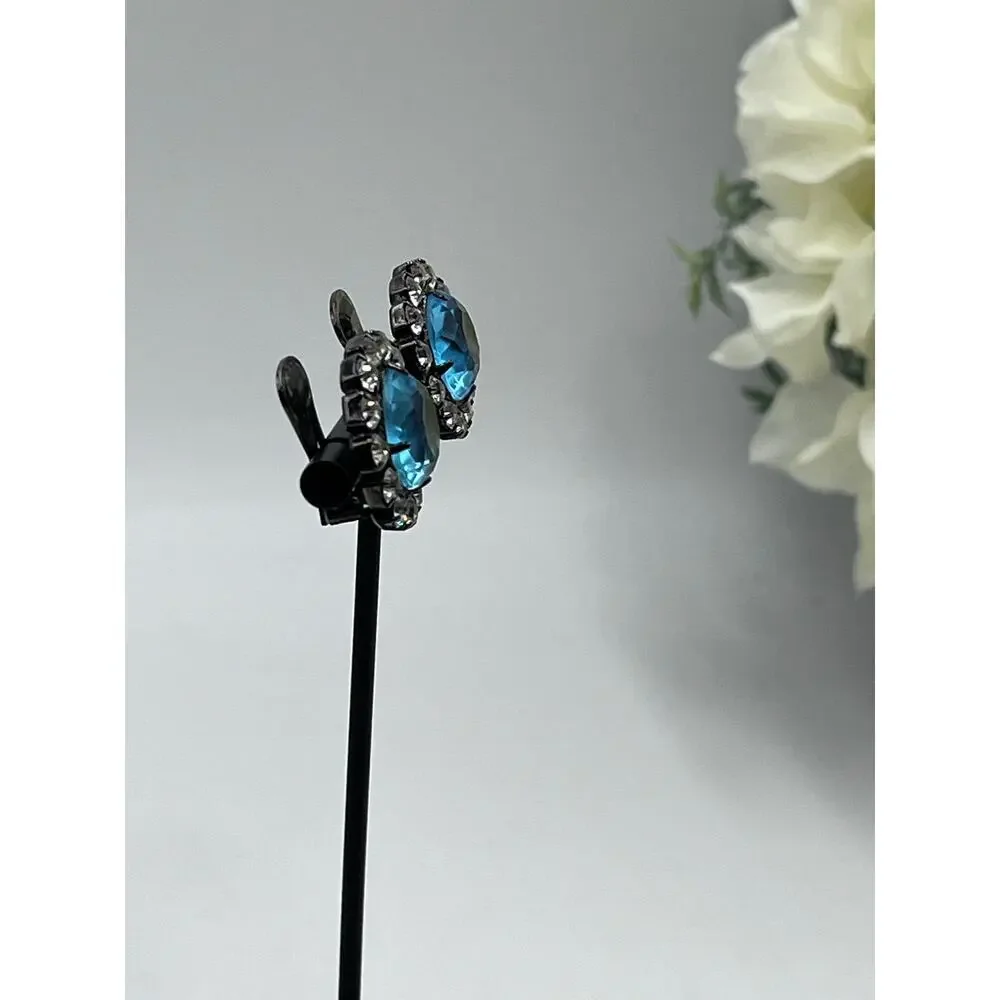 Kenneth Jay Lane Vintage Aquamarine Color Button Clip Gunmetal Earrings - Picture 4 of 12